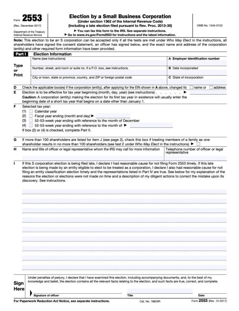 Form 2553 Part One screenshot