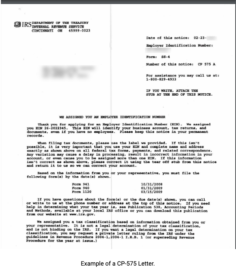 IRS CP-575 Form Letter Sample