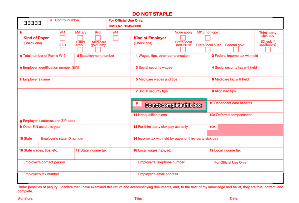 Screenshot of Form W9, Box 9: do not complete per IRS