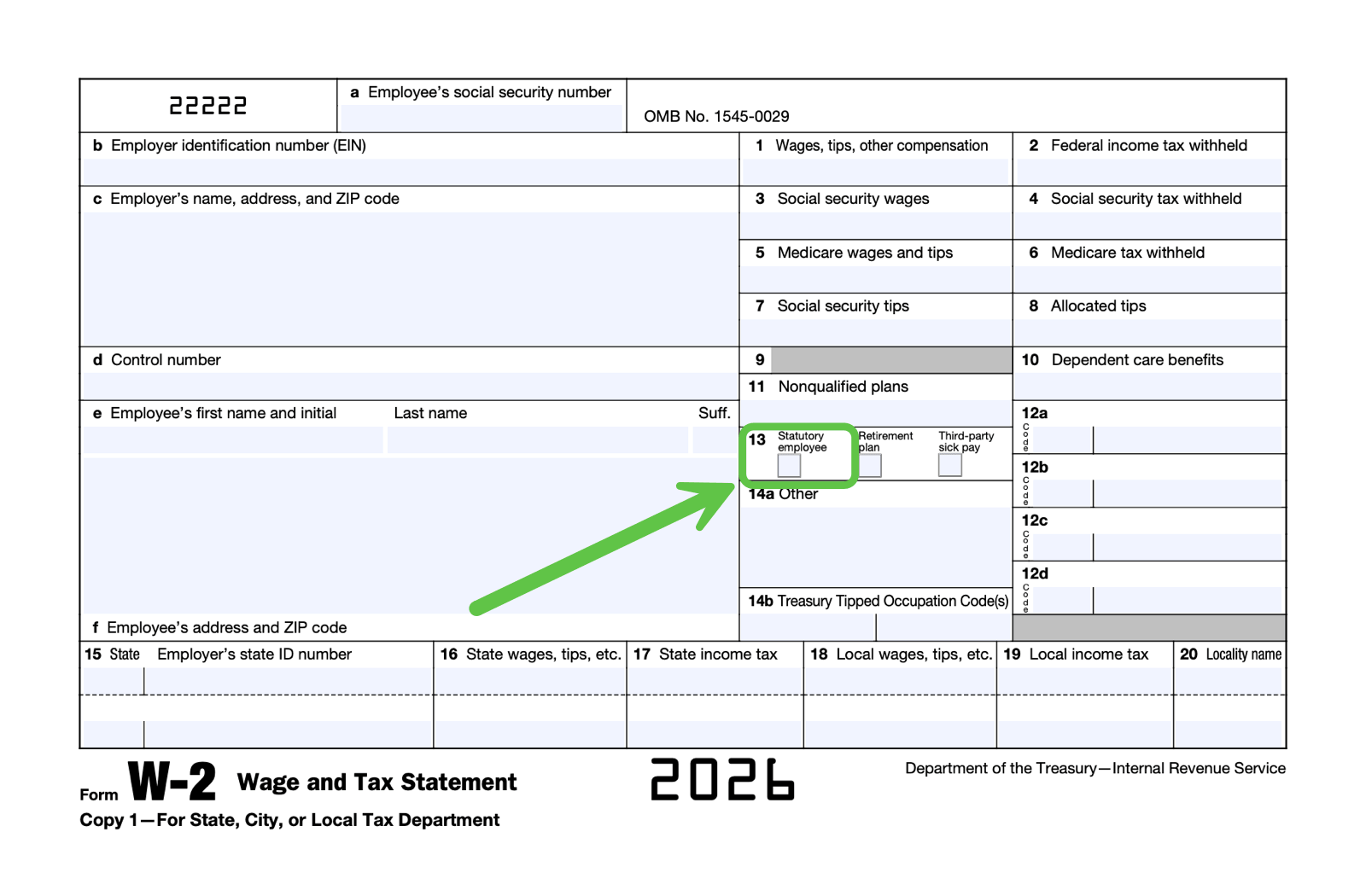 The graphics shows where box 13 for marking a statutory employee on Form W-2